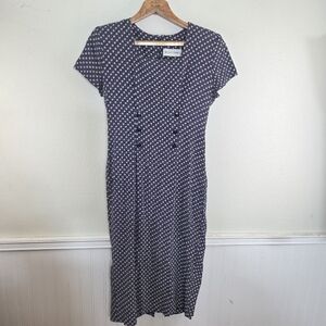 Women's Vintage Betsy's Things White Daiay Navy Polka Dot Form Fitting Dress